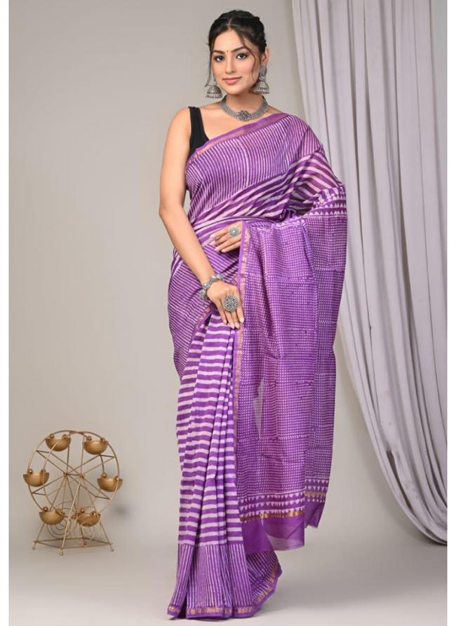Chanderi Silk Lilac Festival Wear Block Printed Saree